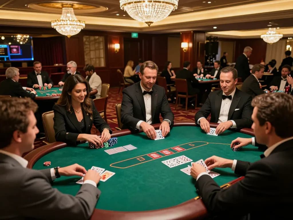 Players enjoying a thrilling poker game at QQ88 casino, showcasing vibrant atmosphere and high stakes.
