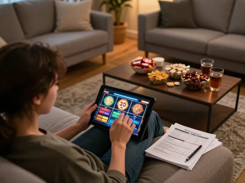 nk88 nhà cái player engaging with online slots on tablet in cozy home setting
