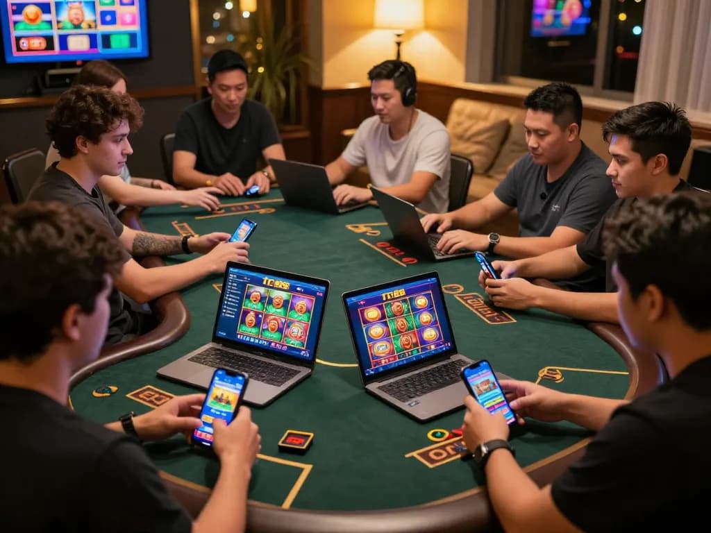 Players engaging with the tr88 app in a vibrant online casino setup, highlighting the excitement of digital gambling.