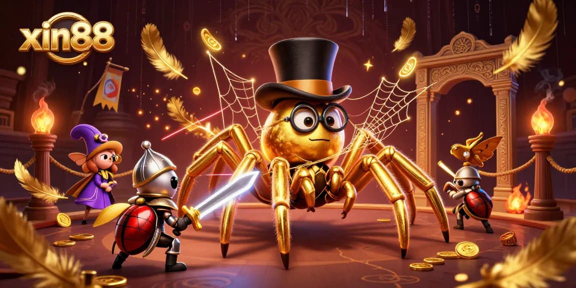 Engage in the excitement of xin88 with a vibrant 3D illustration featuring a golden tarantula and a brave beetle.