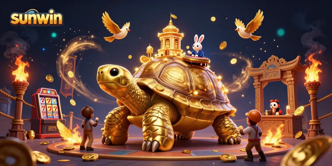 Experience thrilling slots at Sunwin with a giant tortoise casino and a rabbit dealer in action.