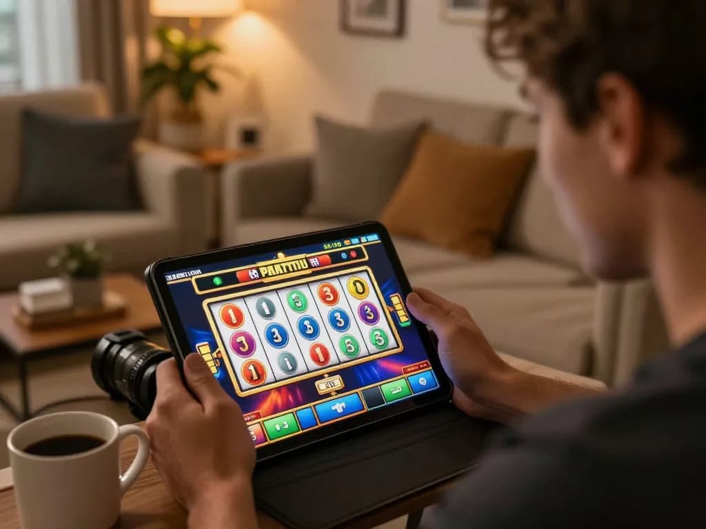 9win slot machine fun with a player engaging in an online gaming experience at home