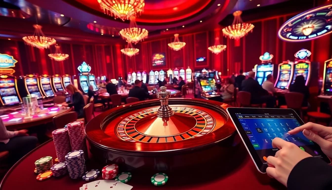 Experience high-stakes excitement at https://hm88.blue/ with vibrant casino scenes showcasing roulette, poker chips, and professional gamblers.