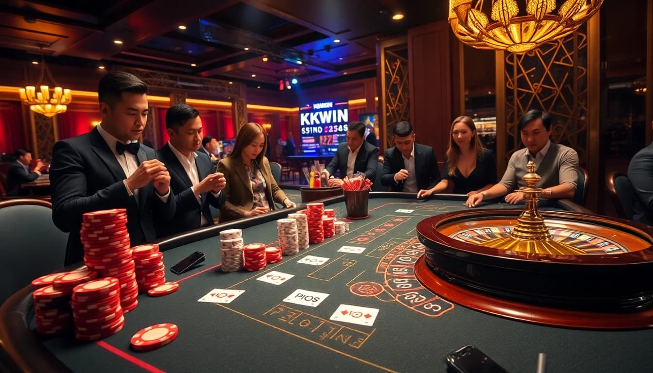 Play at the KKWIN casino table with colorful poker chips and luxurious playing cards.