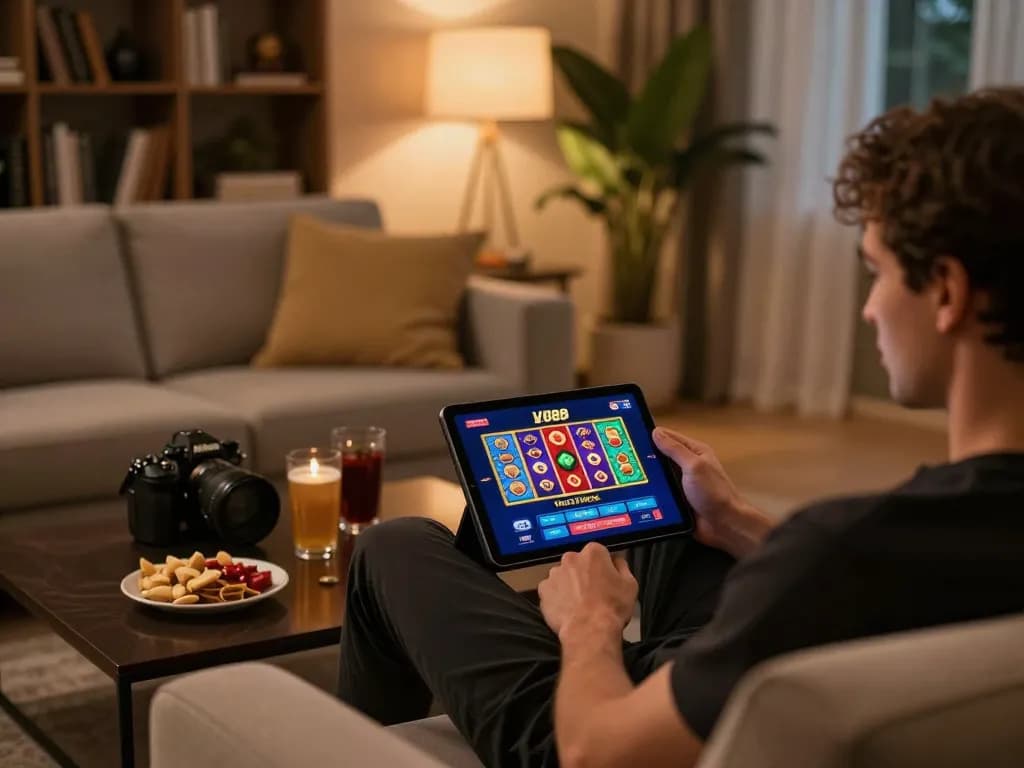 Engaging in online gaming at LV88 with vibrant tablet display and cozy atmosphere.