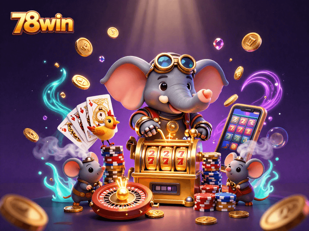 Spin the golden slot machine and win with 78win's vibrant casino scene featuring engaging characters.
