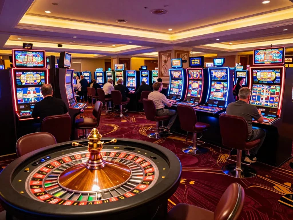 Players enjoying the exciting atmosphere at nhà cái lv88 with vibrant slot machines and a roulette table.