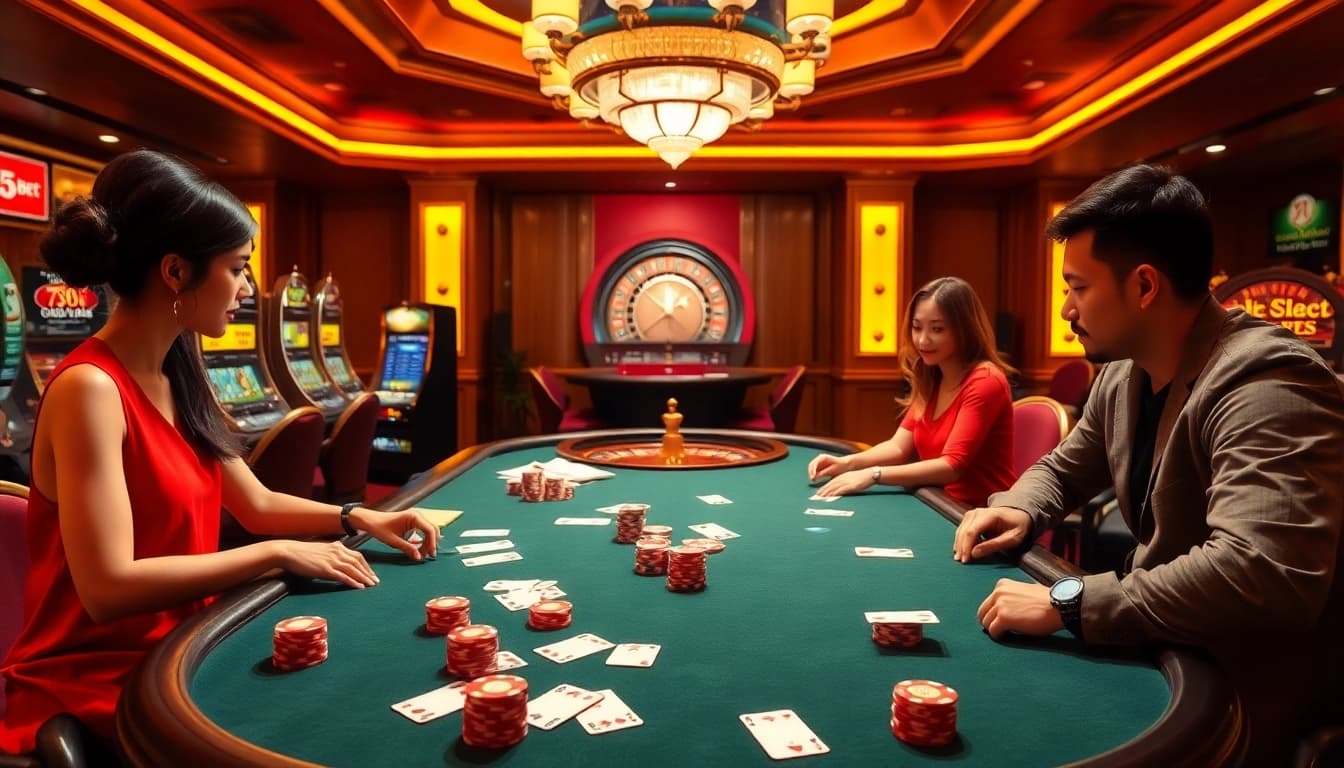 Experience thrilling gameplay with 789bet at an elegant casino table filled with vibrant poker chips and cards.
