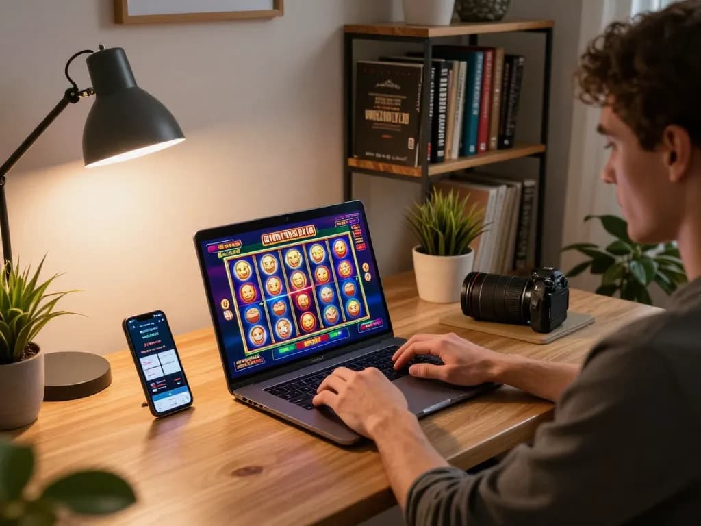 Player enjoying online slots at home while using lv88 betting app for strategy.