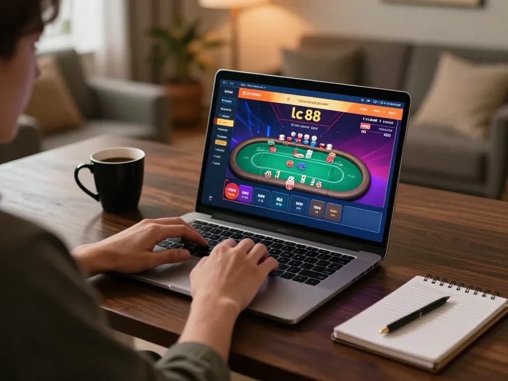Engaging player enjoying lc88 poker game on laptop in cozy home setting, emphasizing strategy and excitement