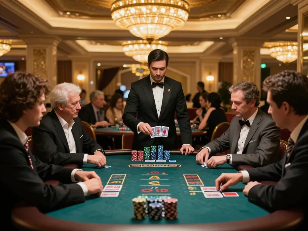79 king players strategizing at an upscale blackjack table with vibrant casino atmosphere