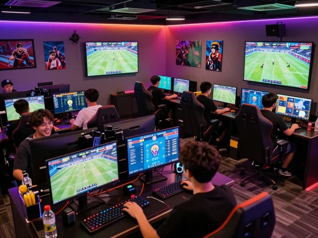 Players enjoying an online gaming experience at HM88 with vibrant atmosphere and live sports displays.