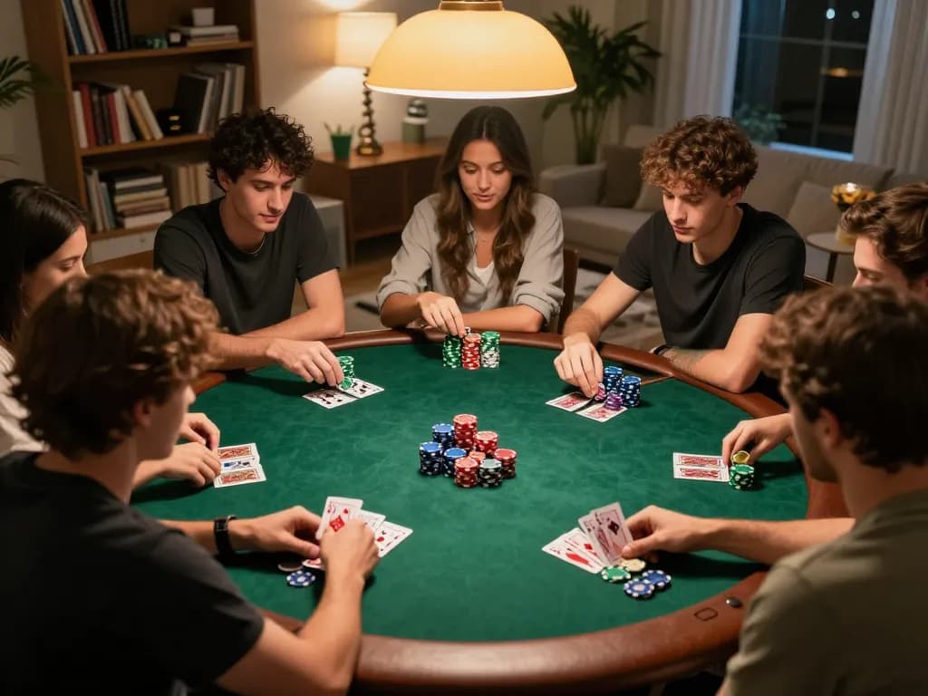 Friends enjoying a thrilling poker night at home on xx88.com, analyzing game strategies.