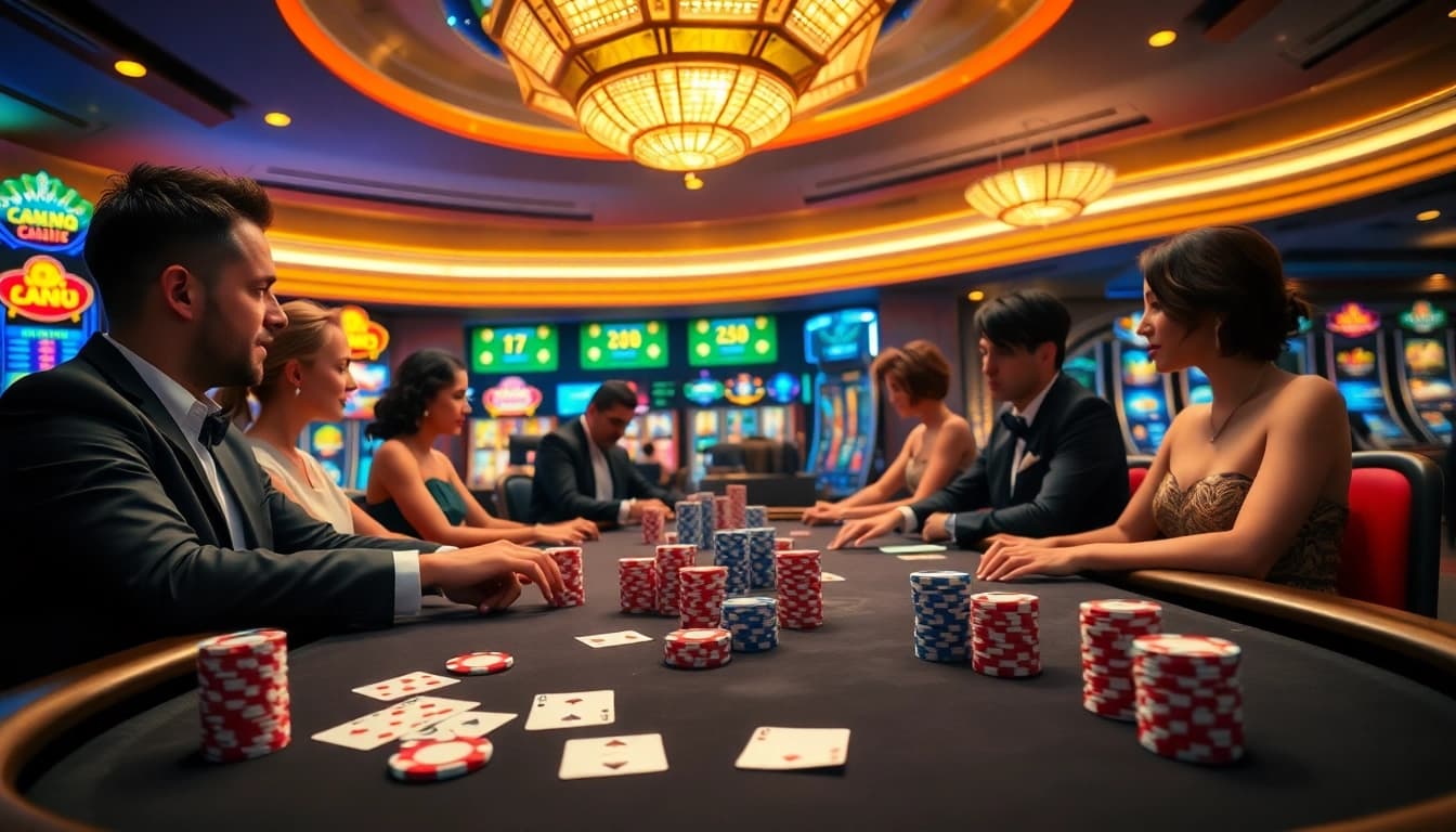 Players enjoying high-stakes poker at a luxurious casino, showcasing 678vip.com excitement.