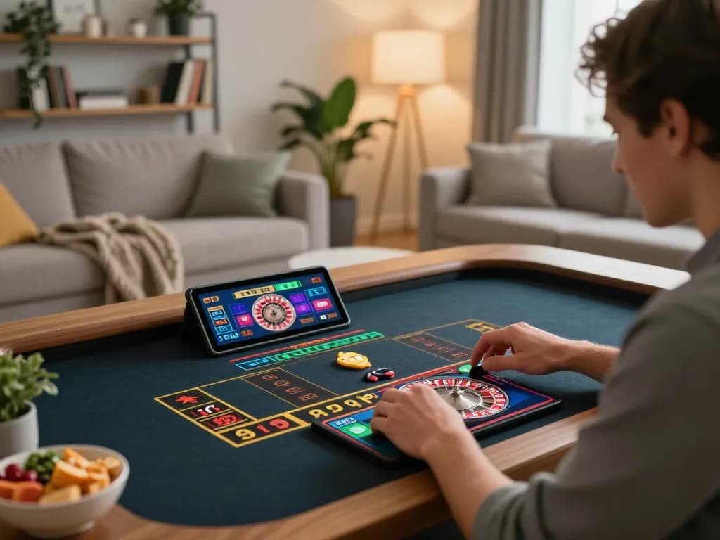 Engage in strategic roulette gameplay at home with 88CLUB on a tablet, cozy atmosphere and focused setting