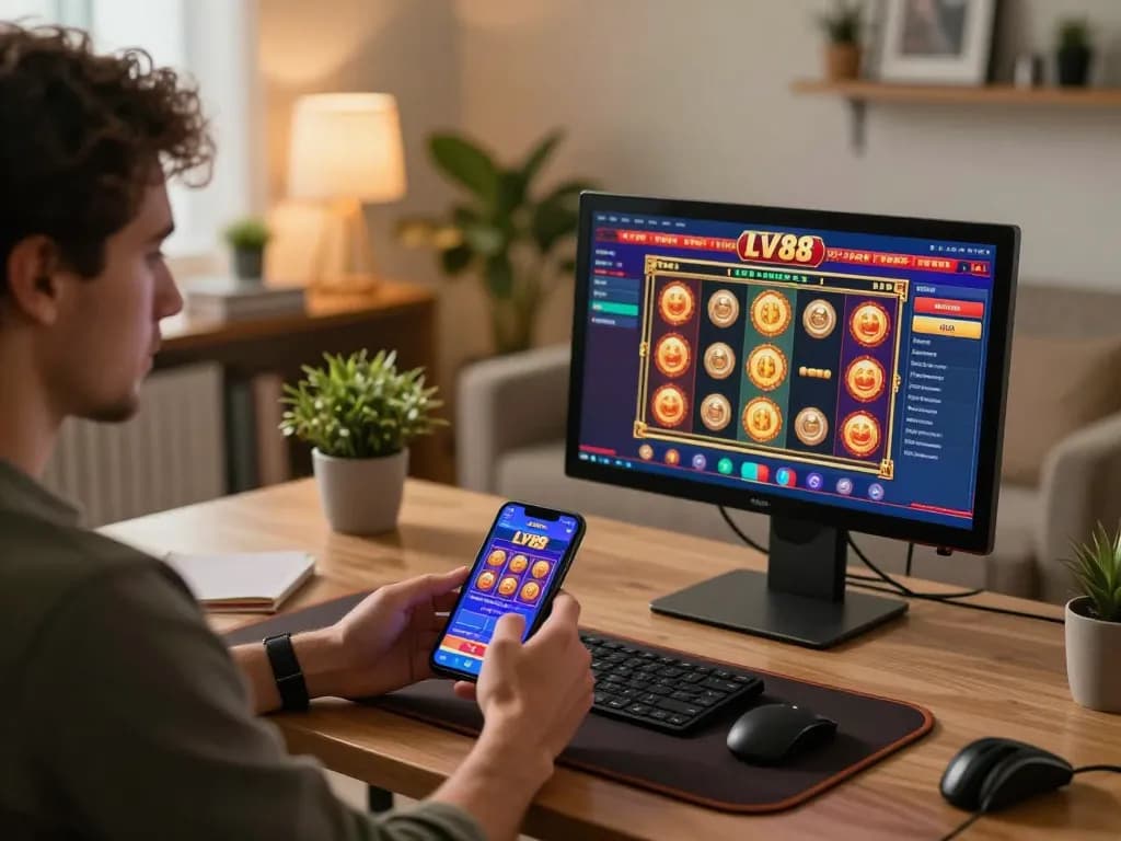 Player enjoying LV88 mobile casino app, engaged in online slots at home, capturing responsible gambling experience.