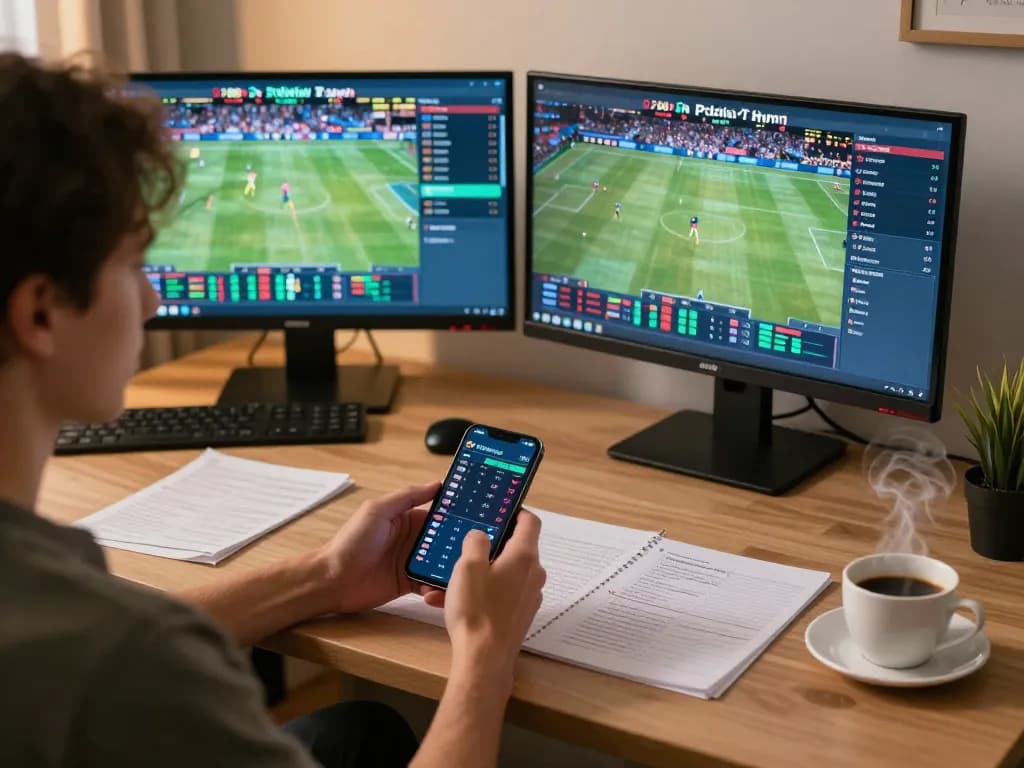 Engaging in live sports betting on 789win with a smartphone in a modern home setting