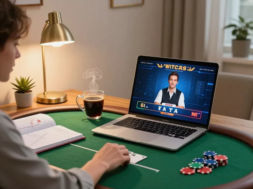 Player engaging with 58wiin online poker game on a laptop at home, showcasing strategic gameplay and cozy environment