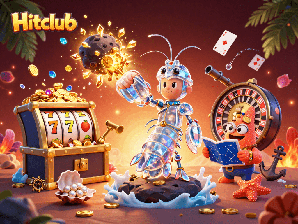 Hitclub showcases a dynamic 3D illustration of a samurai mantis shrimp amidst casino elements, creating an engaging scene.