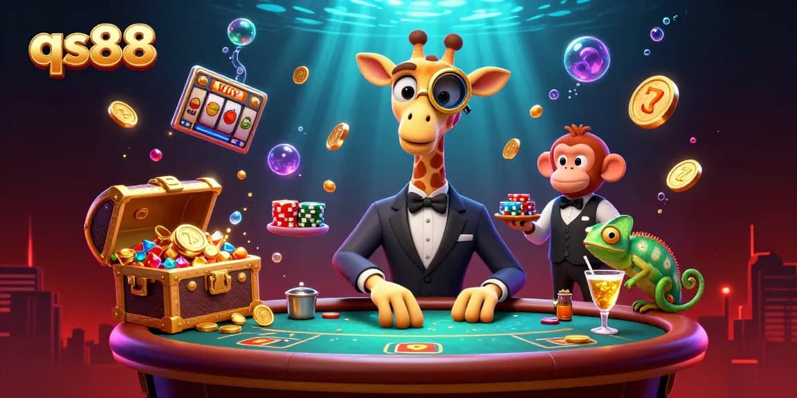 Experience excitement at qs88 with a high-roller giraffe, vivid casino elements, and engaging atmosphere.