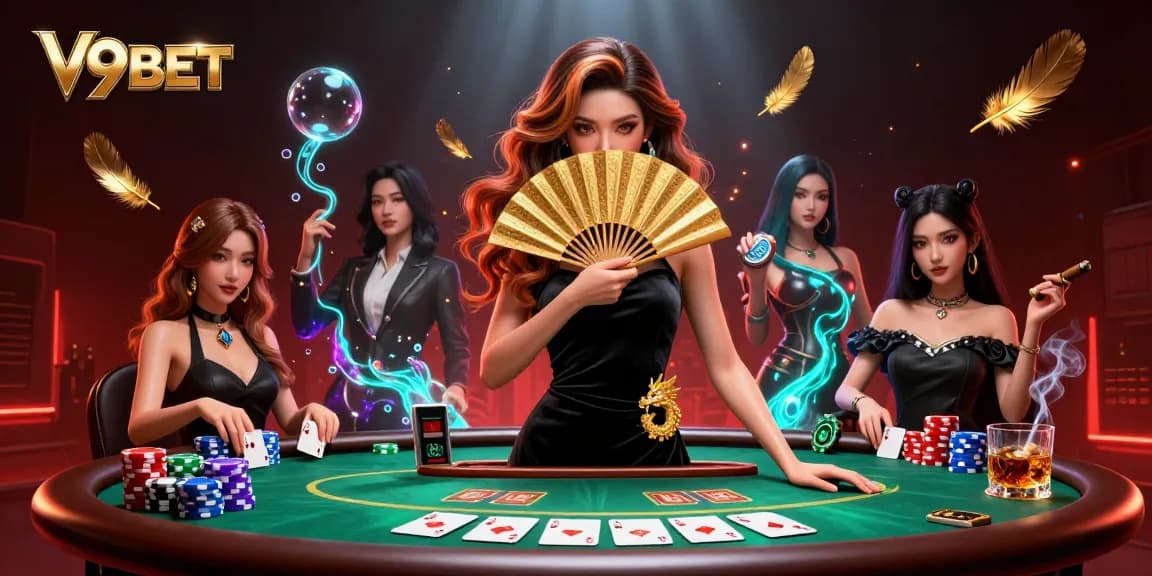 Play at V9BET's immersive casino with a mysterious elegant dealer and vibrant game elements.