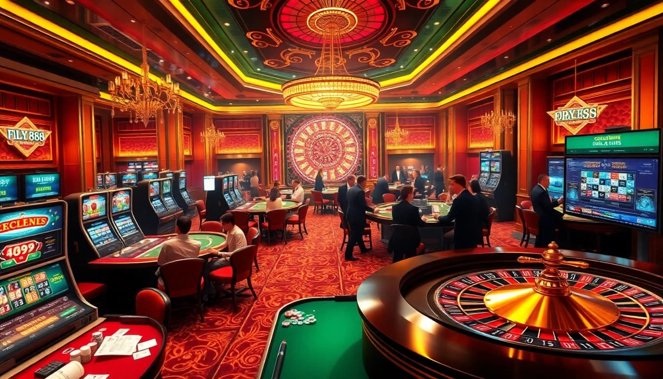 Exciting casino scene featuring fly 88 promotions with vibrant games, elegant players, and lively atmosphere.