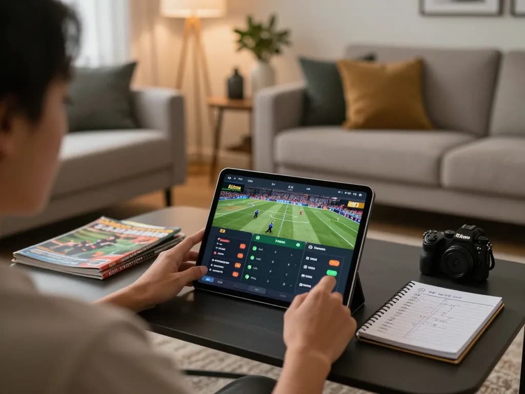 Person using keobongda app for sports betting during cozy home setup, warm ambiance and strategic focus.