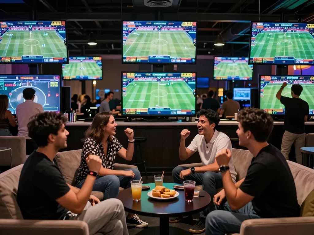 Engaged bettors placing wagers on v788 bet in a lively sports betting lounge.