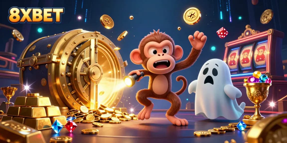 Engage with the lively 8XBET casino scene featuring a mischievous monkey and a curious puppy.
