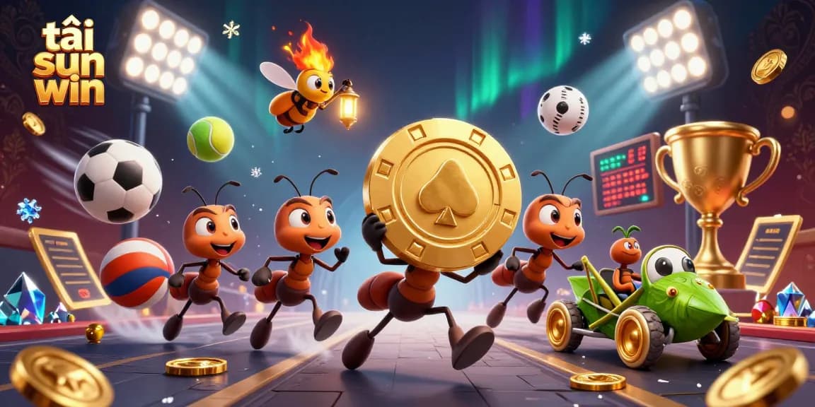 Engage with tải sun win as lively ants embark on a heist with golden poker chips amidst dynamic gambling elements.