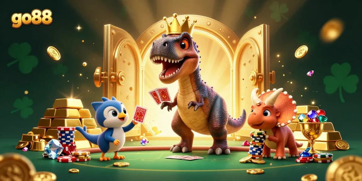 go88 illustrates a vibrant casino scene with a cartoon T-Rex shuffling cards amidst gold treasures.