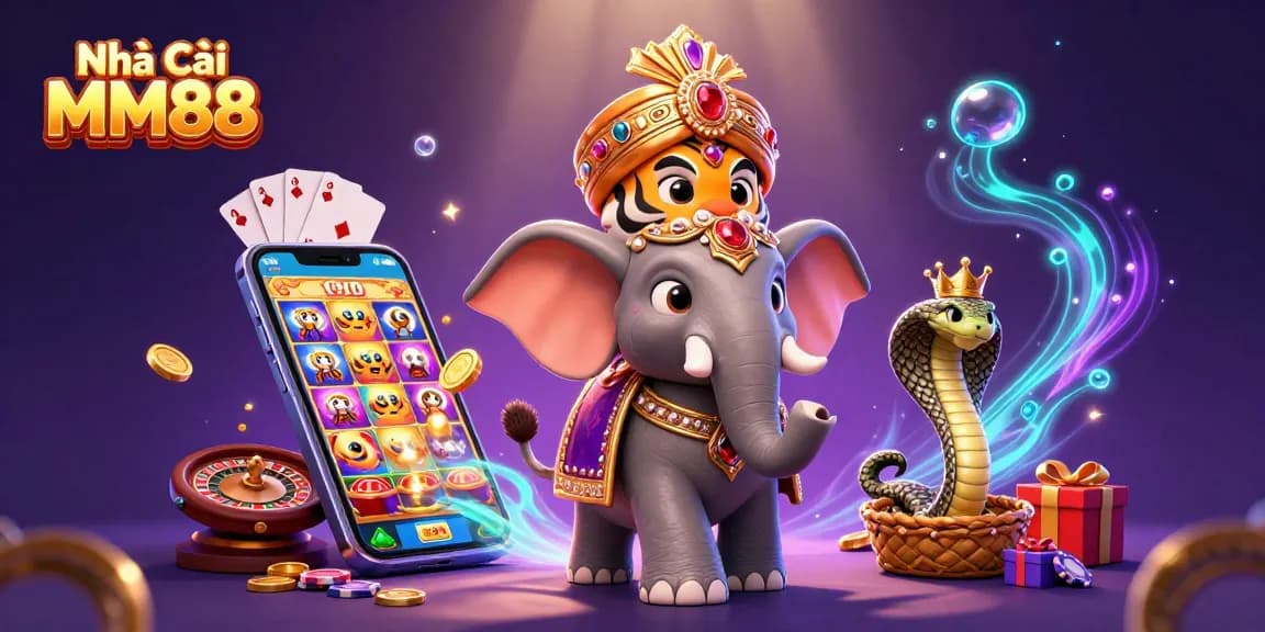 Experience excitement with Nhà Cái MM88 as the vibrant tiger and elephant symbolize fortune in a lively casino setting.