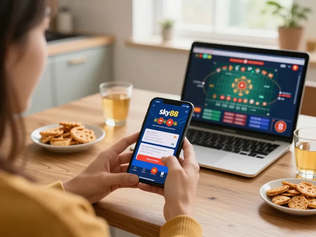 Engaging in responsible gaming with Sky88 chính thức app on smartphone at home.