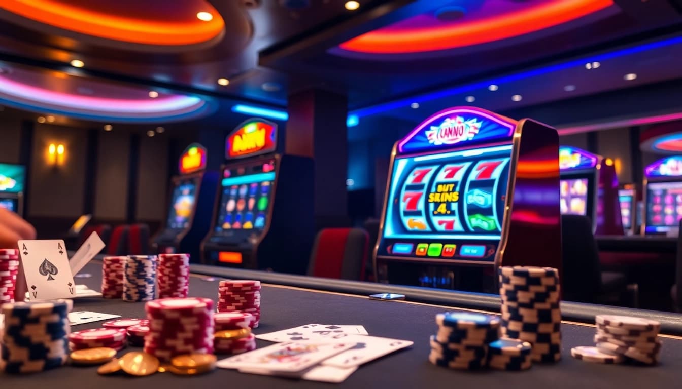 Experience the thrill of winning at https://nohudoithuong.life/ with an exciting online casino scene featuring slot machines and poker chips.