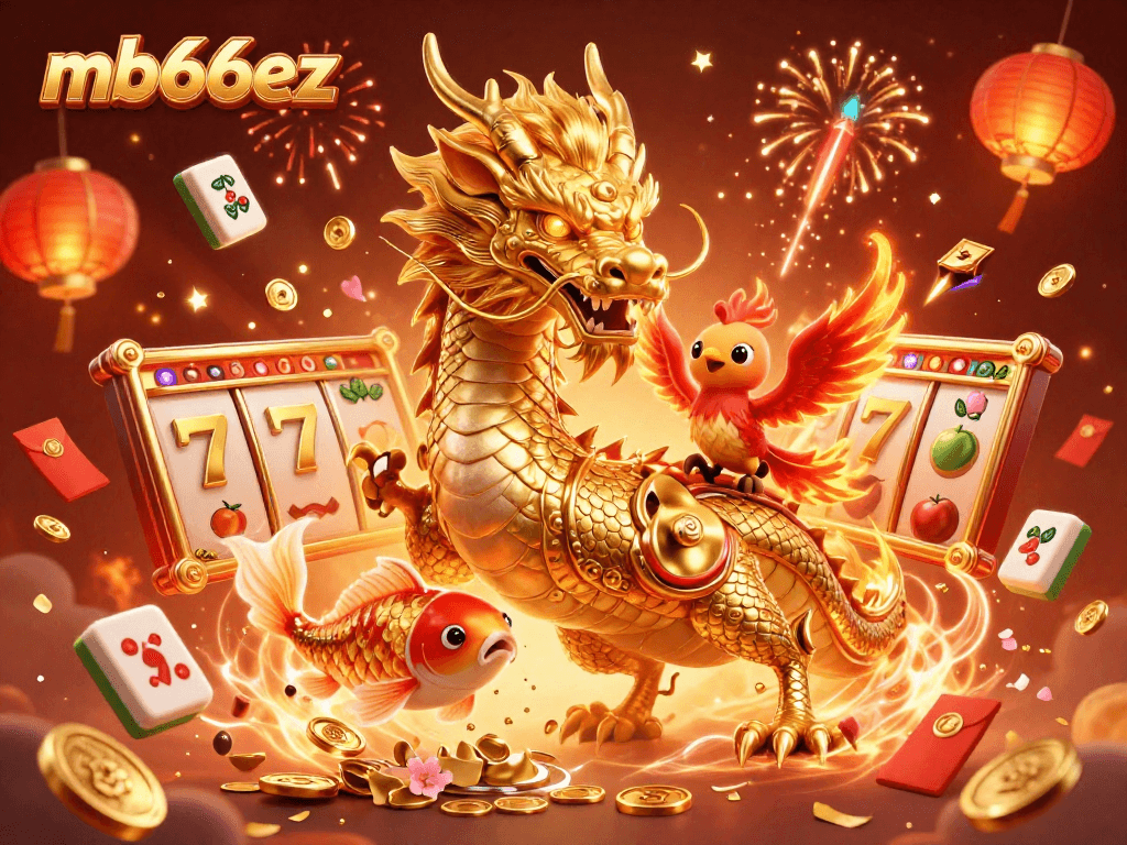 Win big at mb66ez with a fierce dragon and phoenix in a festive casino scene.