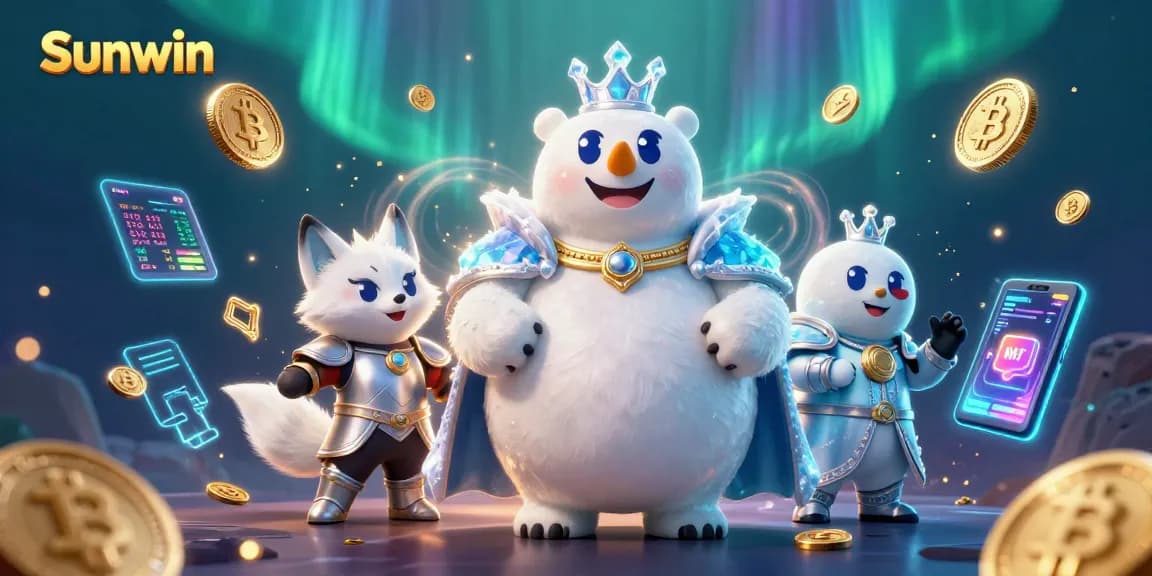 Win at Sunwin with thrilling casino action in a vibrant 3D illustration featuring unique characters.