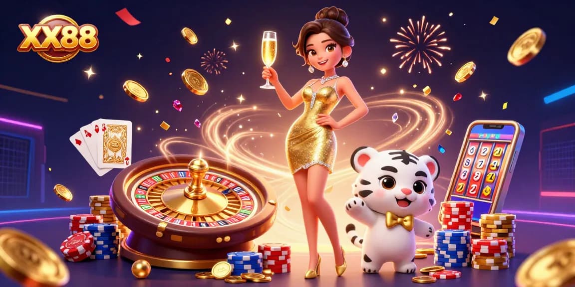 Celebrate winning moments at XX88 with a glamorous woman and lucky tiger amidst vibrant casino visuals.