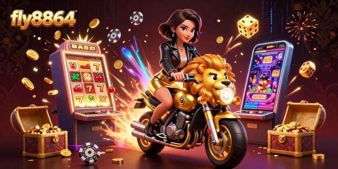 Experience the excitement of fly8864 with a 3D casino scene featuring a glamorous woman and gold elements.