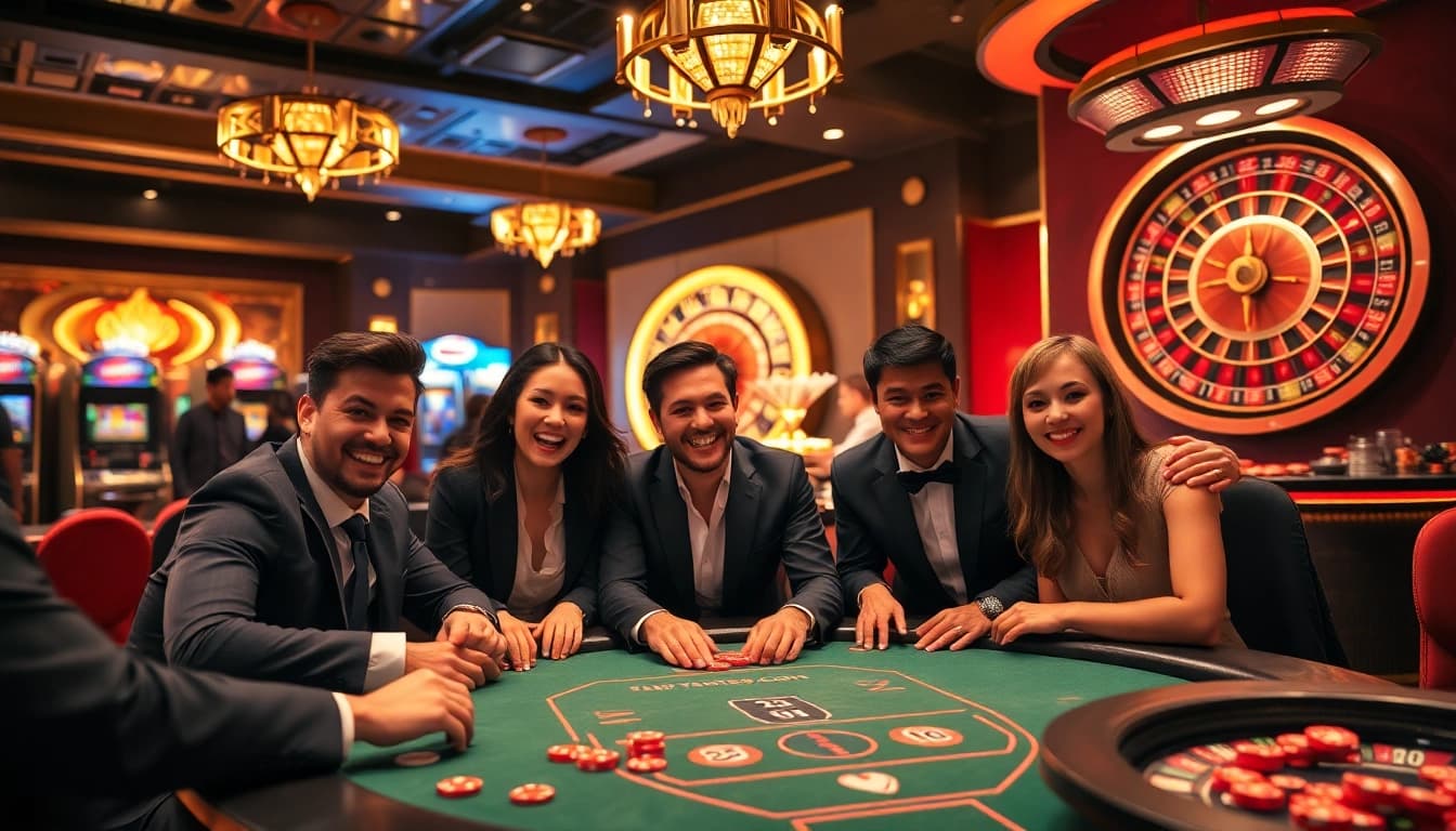 Gamblers enjoying high-stakes poker at FLY88.COM casino with colorful chips and roulette.