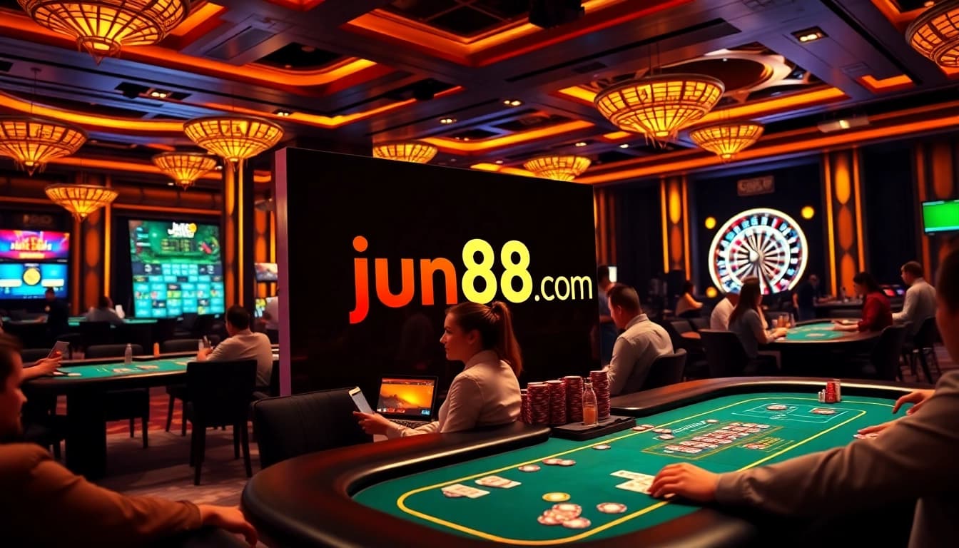 Players enjoying a thrilling game experience on jun88.com with vibrant casino tables and action-packed gameplay.