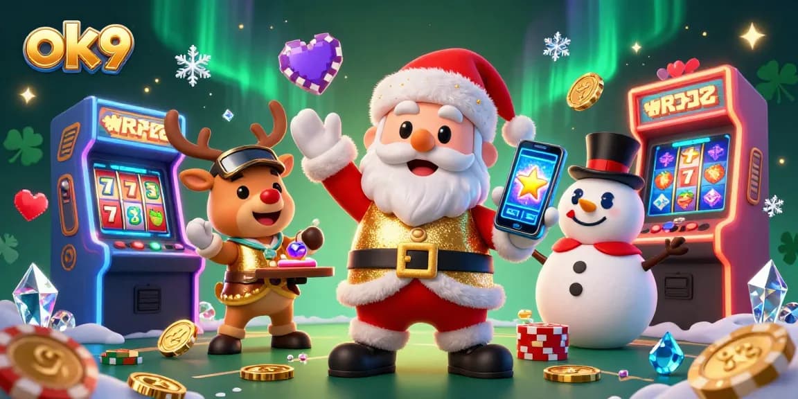 Experience thrills at ok9 with festive characters celebrating jackpot slots in a vibrant casino scene.