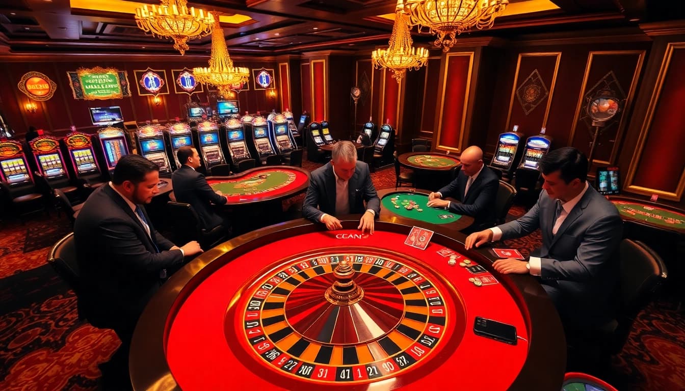 Exciting scene of players engaging in LC88 Game at a luxurious casino table amid vibrant decor.