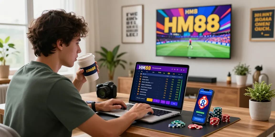 User engaging with https://hm88.review/ betting platform on laptop in modern home office, showcasing vibrant atmosphere and promotional elements.