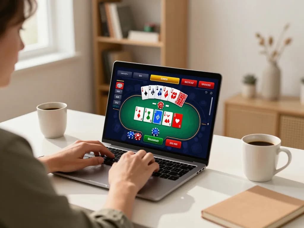 Engaging poker gameplay on an agen casino online platform, showcasing cards and chips on a laptop screen in a stylish home setting.