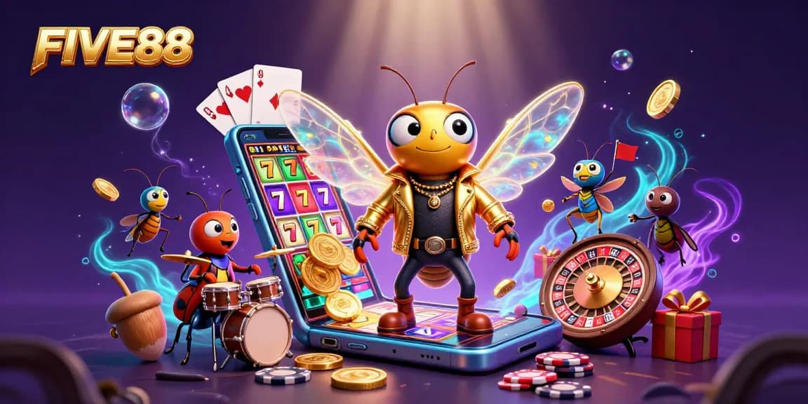 Engage in thrilling gaming adventures with FIVE88's vibrant gambling scene featuring a rock star.