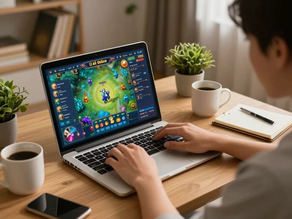 Engaging player enjoying Lô Đề Online on laptop with strategy notes in cozy atmosphere