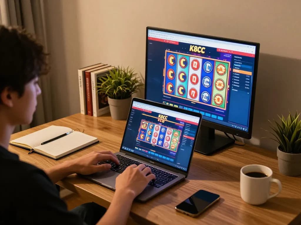 K8CC online gambling experience, player engaged with colorful slot game interface on laptop
