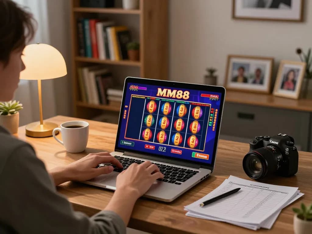 Players engaging with MM88 online casino on laptop, showcasing vibrant game interface and bankroll notes.