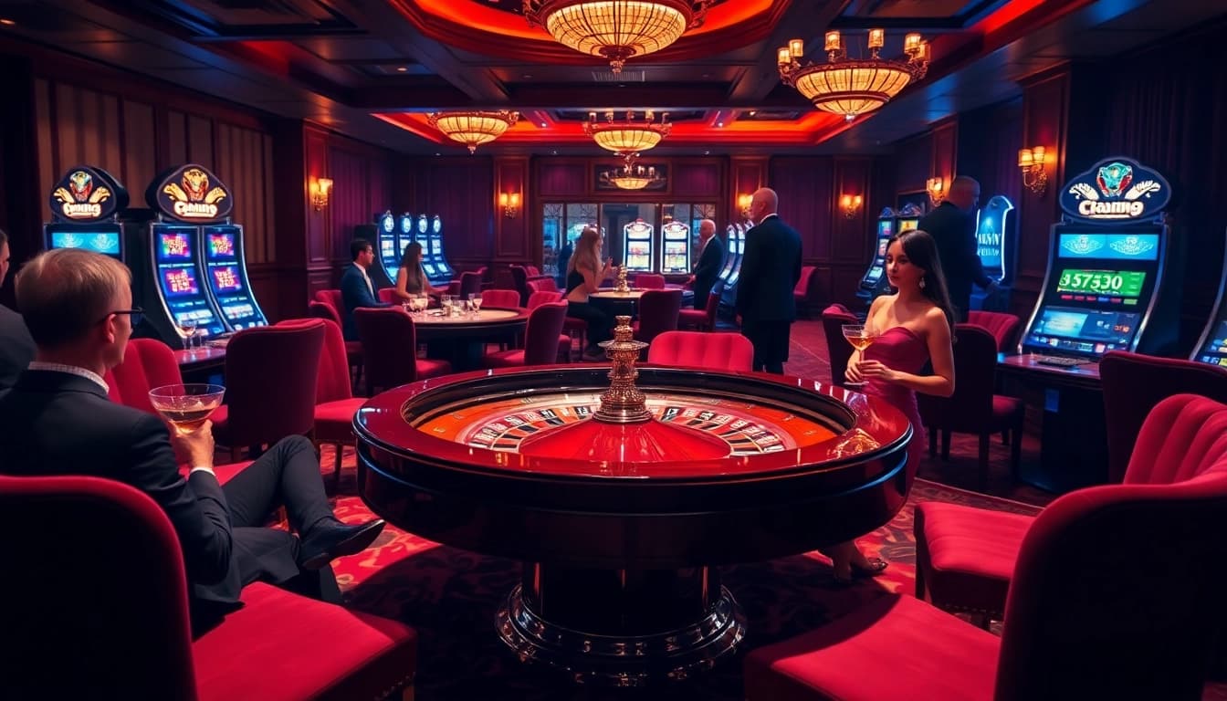 Experience the thrill of 33win at an elegant casino with a vibrant roulette table and sparkling chips.