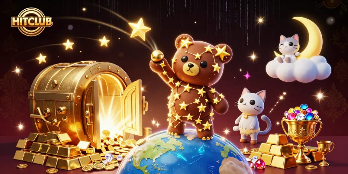 Engage with the magical HITCLUB universe featuring golden treasures and whimsical characters.